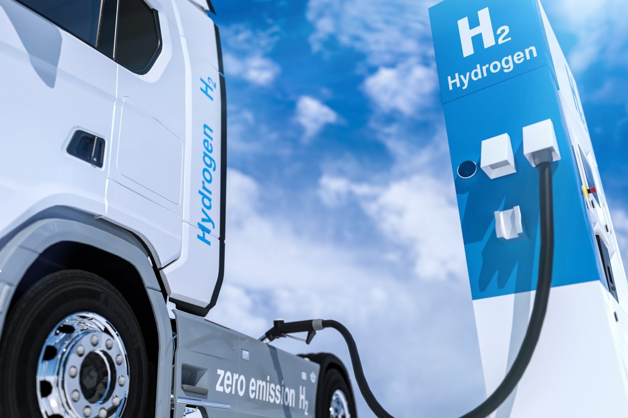 truck being refuelled at a hydrogen refuelling station